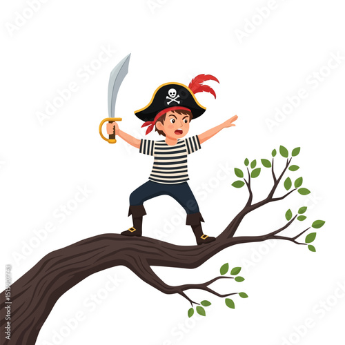 Boy Dressed As Pirate Standing on Tree Branch Holding Sword