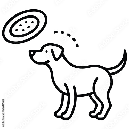 Dog with frisbee icon for pet activity websites, canine training blogs, outdoor recreation materials, pet toy marketing and dog park content