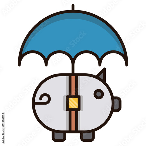 Cute cartoon character with big blue umbrella ready for a rainy day weather illustration