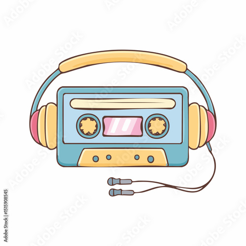 A classic portable cassette player with wired headphones