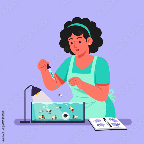 Person Conducting Crab Research Experiment in Aquarium with Dropper Tool