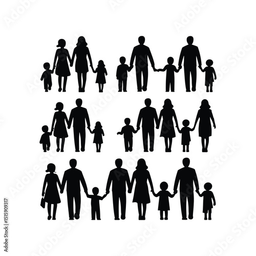 Family Silhouette Icon Set – Parents and Children Holding Hands Vector Collection