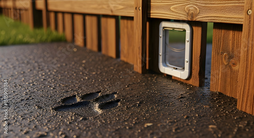 Paw Prints Leading To A Pet Door Embedded Into A Wooden Fence photo