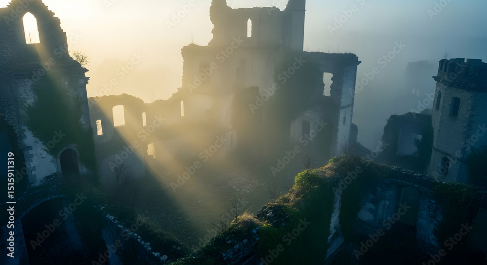Fototapeta premium Mystical Ruins Ancient Castle Lit by Sunrays Covered in Thick Mist
