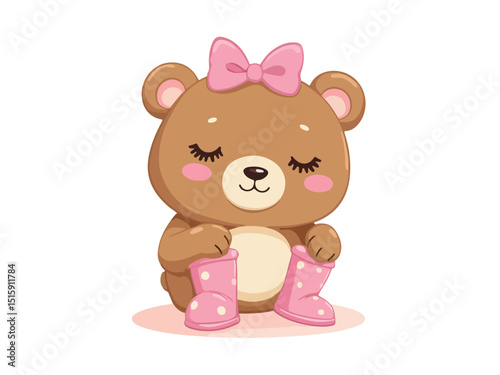 Cute cartoon teddy bear wearing pink rain boots, smiling and standing on a grassy surface (8).eps