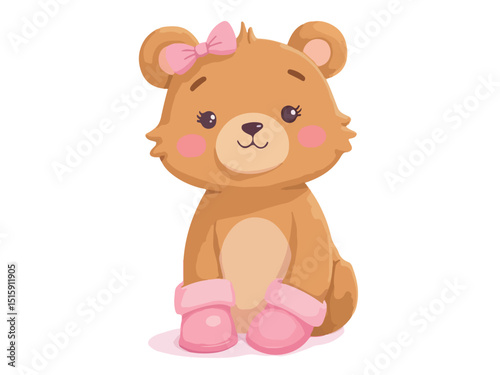 Cute cartoon teddy bear wearing pink rain boots, smiling and standing on a grassy surface (9).eps