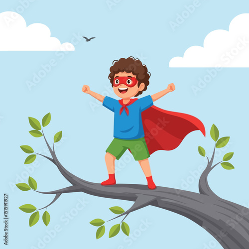 Boy Pretending to Be Superhero Standing on Branch with Cape