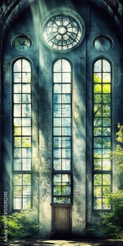 Sunlight streams through weathered church windows