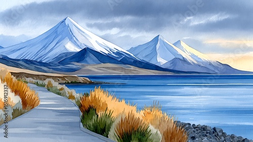Scenic Winding Road Near Lake Pukaki with Taranaki Mountains in Background