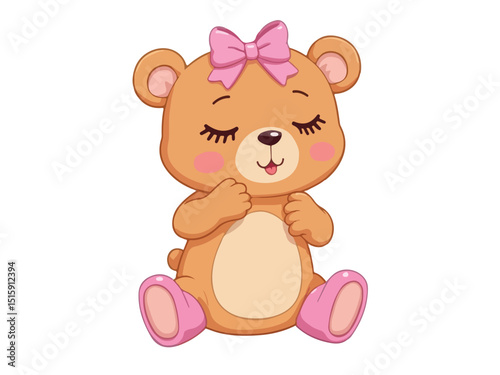 Cute cartoon teddy bear wearing pink rain boots, smiling and standing on a grassy surface (11).eps