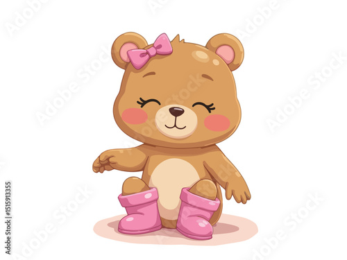 Cute cartoon teddy bear wearing pink rain boots, smiling and standing on a grassy surface (14).eps