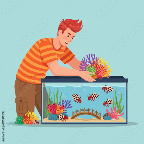 Arranging Colorful Coral Inside an Aquarium with Hermit Crabs