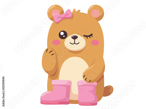 Cute cartoon teddy bear wearing pink rain boots, smiling and standing on a grassy surface (4).eps