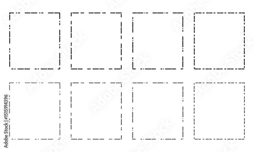 Set of rectangle shapes with dashed lines. Dotted geometric figures isolated on white background. Cut here pictograms for paper coupons or sale tags. Vector outline illustration