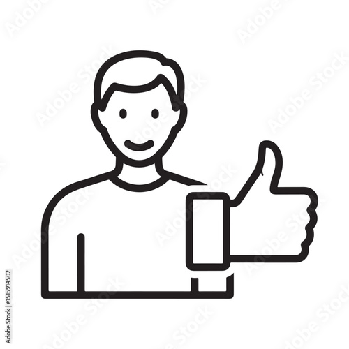 Flat black vector silhouette icon with outline of a person giving a thumbs up, symbolizing positive feedback, approval, or agreement