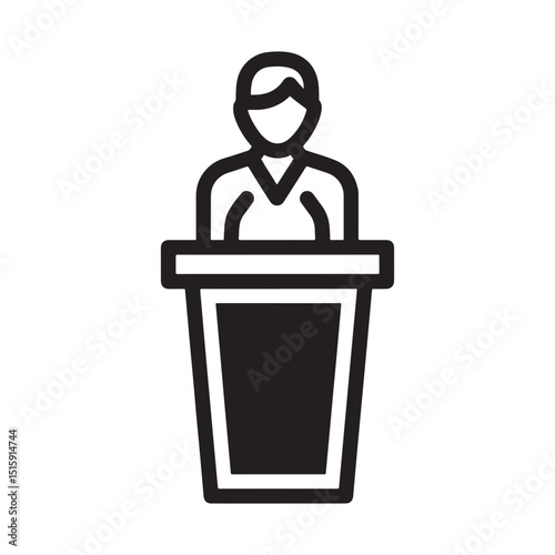 Flat black vector silhouette icon with outline of a person standing behind a podium, symbolizing public speaking, leadership, or presentation skills