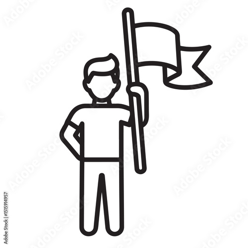 Flat black vector silhouette icon with outline of a person holding a flag, symbolizing leadership, goal achievement, or success