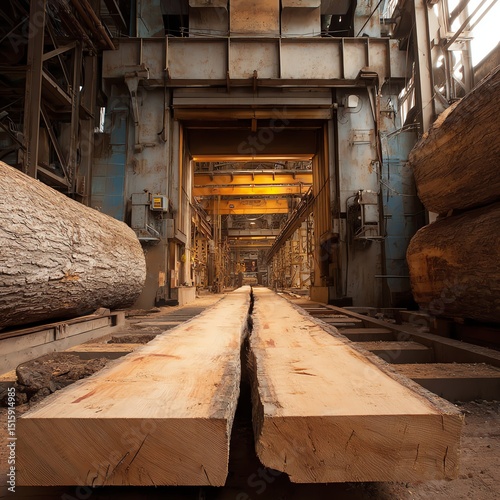 Wooden logs processed in an industrial lumbermill with equipment in background.