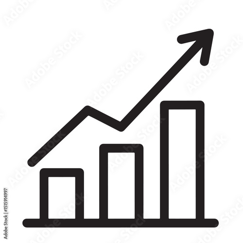 Flat black vector silhouette icon of a bar chart with an upward trend, symbolizing business growth, financial success, or positive performance