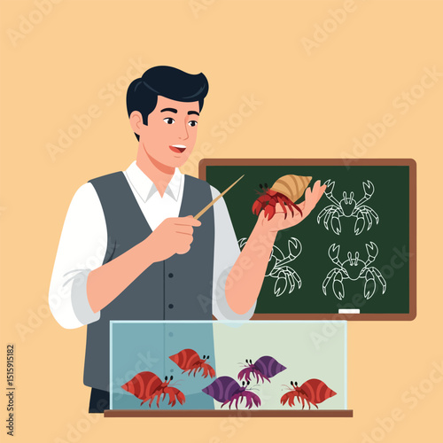 Teacher Explaining Hermit Crabs with Diagram and Crab Aquarium