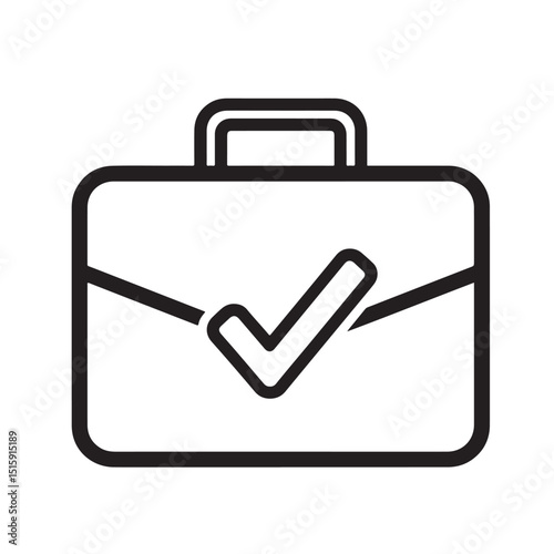 Flat black vector silhouette icon with outline of a briefcase and check mark, symbolizing job approval, employment, or career success