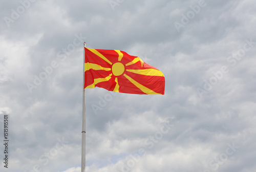 National Flag of North Macedonia flying in the air in Skopje