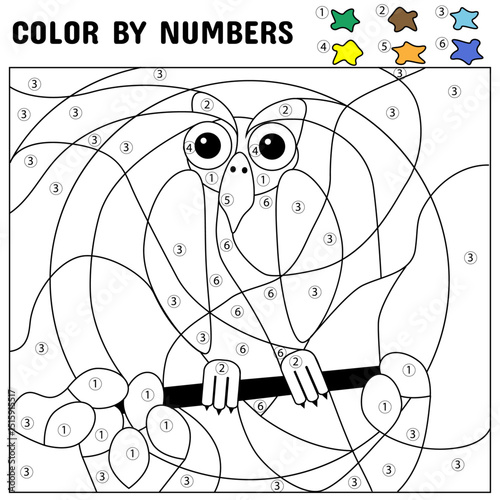 Color by number. Hidden owl.   Activity worksheet for preschool children. vector 