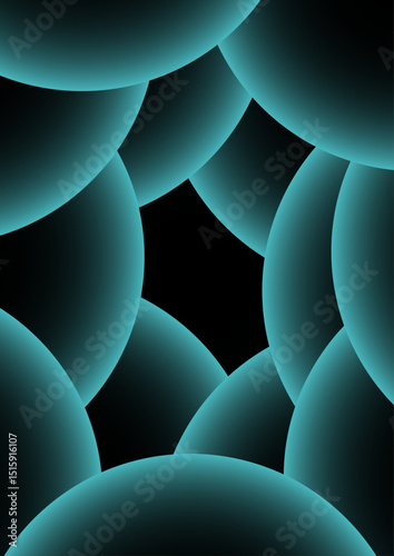 Abstract digital artwork with concentric circular arcs in a soft teal glow in deep black background. Rhythmic and geometric pattern with diffused neon glow and futuristic and luminous light art.