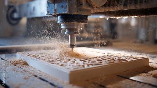 CNC machine carving intricate patterns on wooden surface, dust floating in the air.