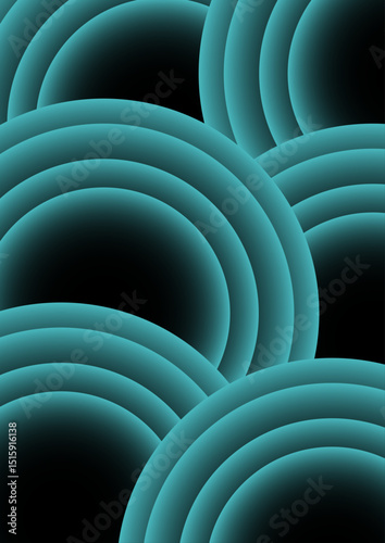 Abstract digital artwork with concentric circular arcs in a soft teal glow in deep black background. Rhythmic and geometric pattern with diffused neon glow and futuristic and luminous light art.