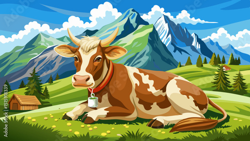 brown and white swiss cow with a cowbell lying on the grass in an alpine pasture in the Swiss Alps