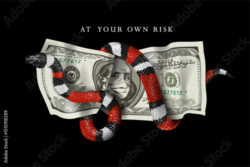a king snake wrapping around wrinkled cash note vector illustration hand drawn  - not auto trace