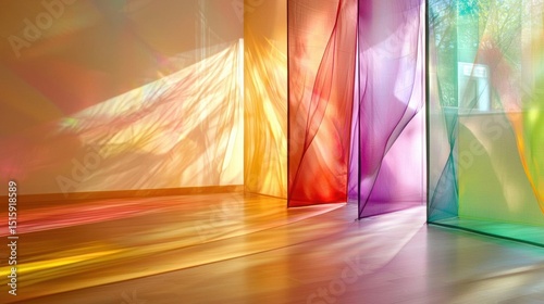 Empty room with a wooden floor and a large window on the right side. the window is covered with a colorful curtain that is made up of different shades of pink  orange  yellow  and green.