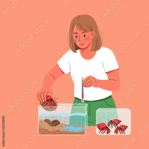 Person Caring for Hermit Crabs in Aquarium with Thermometer