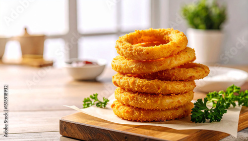 Close-up of crispy fried onion rings.