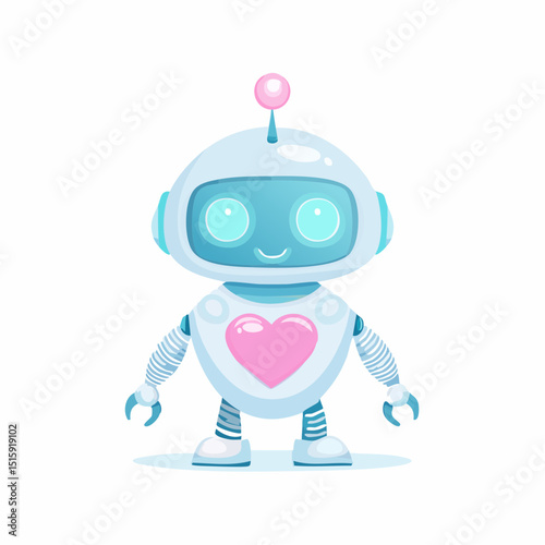 A cute round robot with blinking eyes and a heart antenna