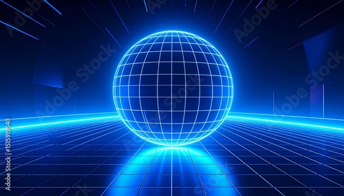 3d render, abstract geometric neon background, glowing linear globe inside virtual space, futuristic wallpaper, cybernetic technology
