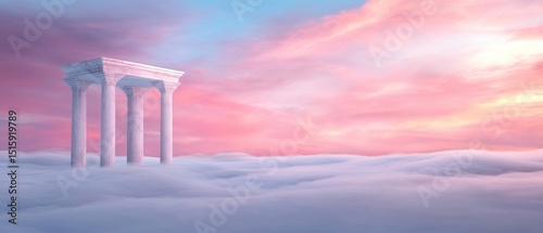 A serene landscape with classical columns rising above soft clouds under a pastel sky of pink and blue hues, evoking a dreamlike atmosphere.