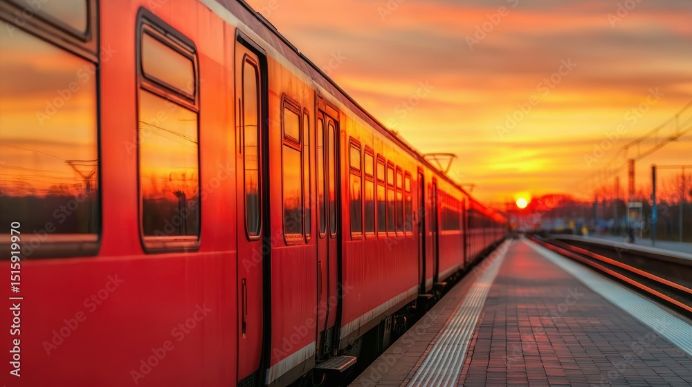 Fototapeta premium A vibrant sunset casts warm hues over a red train at a quiet station, capturing a serene travel moment.