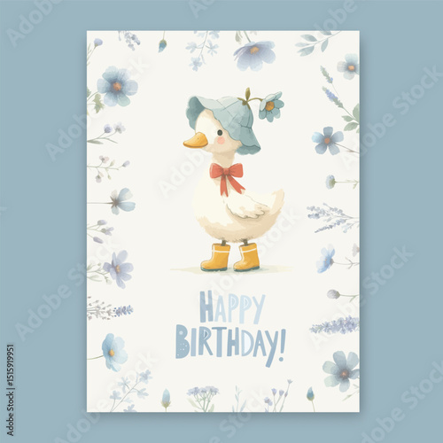 Watercolor Cute Duck with red ribbon bow, blue hat and wildflowers.