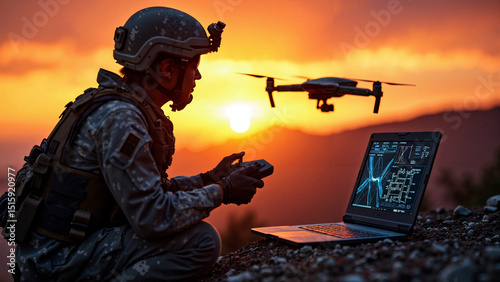 Wallpaper Mural Silhouette of a Modern Soldier Operating a Drone at Sunset - Ideal for Military Technology Ads, Veterans Day Cards, and Patriotic Projects Torontodigital.ca