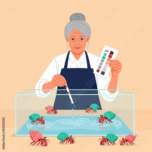 Person Testing Water Quality in Crab Tank with Ph Test Strip