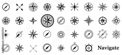 Compass vector collection for travel, maps, and navigation featuring abstract, classic, and modern designs, perfect for adventure or cartography projects

