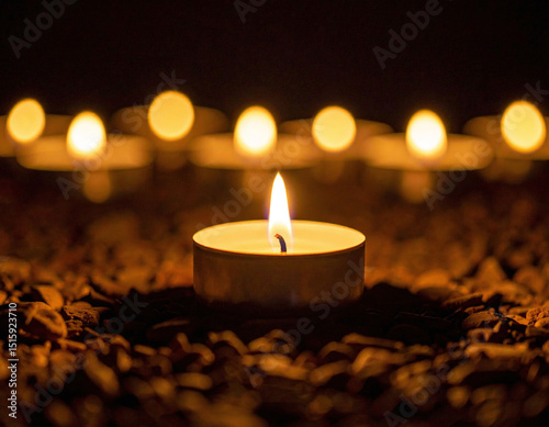 Small white tealight candle glowing with soft flame on dark surface surrounded by petals and grief tribute ambiance