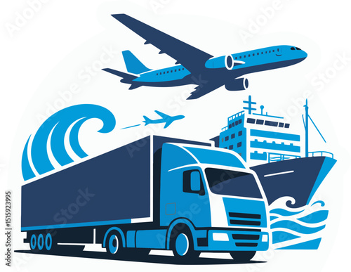 Blue-toned graphic illustration showcases airplane, ship, and delivery truck, representing global logistics, multimodal transportation, and international shipping services.