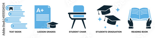Set of school education icon vector for learning, teaching, and academic content. Ideal for education app, school dashboard, and classroom.