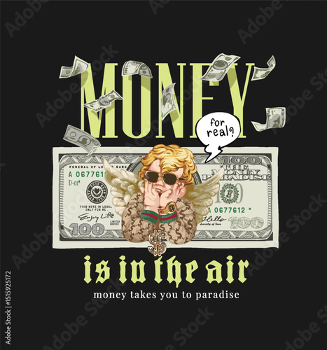 money slogan and cherub angel on flying cash background vector illustration hand drawn  - not auto trace