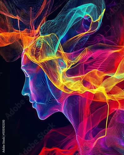 Futuristic AI Light Sculpture Colorful abstract portrait representing emotions. Abstract Neural Glow Forms Techno-Organic Light Art Design