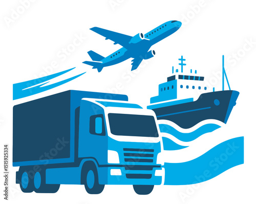 Blue-toned graphic illustration showcases airplane, ship, and delivery truck, representing global logistics, multimodal transportation, and international shipping services.