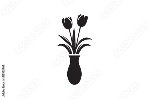 Tulips on vase vector silhouette isolated white background.